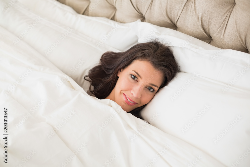 Pleased pretty brown haired woman relaxing in her bed Pleased pretty brown haired woman relaxing in her bed