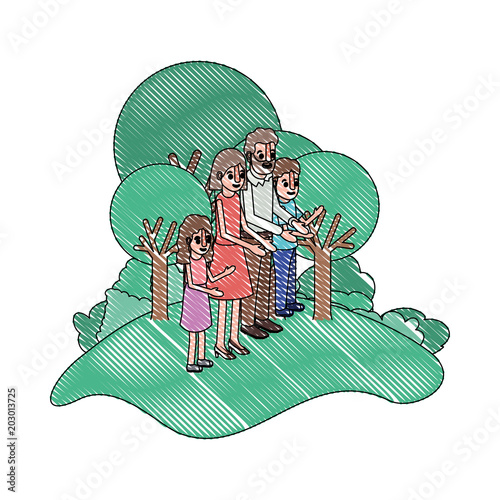 parents couple with son and daughter in field landscape vector illustration