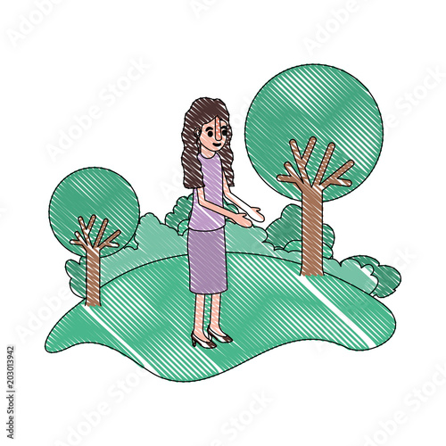 isometric woman in field landscape avatar character vector illustration design