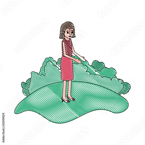 isometric woman in field landscape avatar character vector illustration design