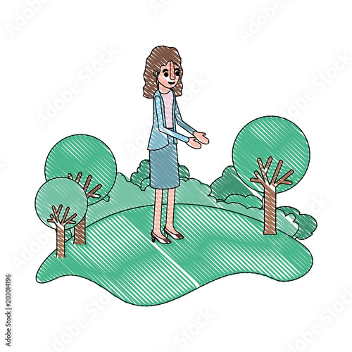 isometric woman in field landscape avatar character vector illustration design