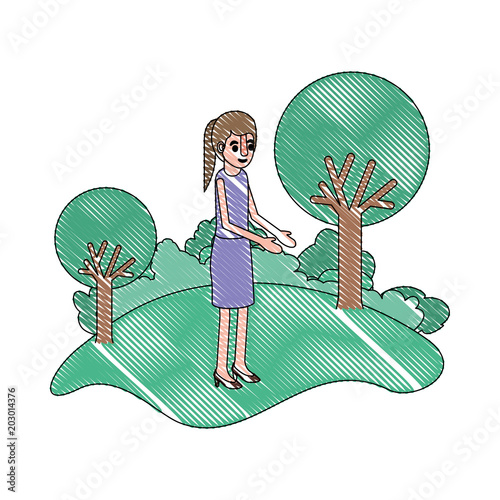 isometric woman in field landscape avatar character vector illustration design