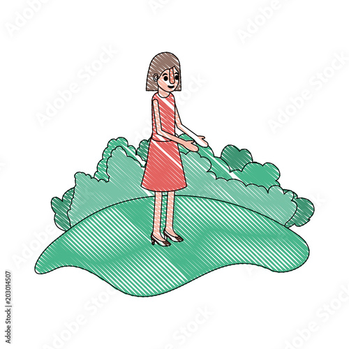 isometric woman in field landscape avatar character vector illustration design