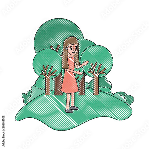 isometric little girl in field landscape character vector illustration design