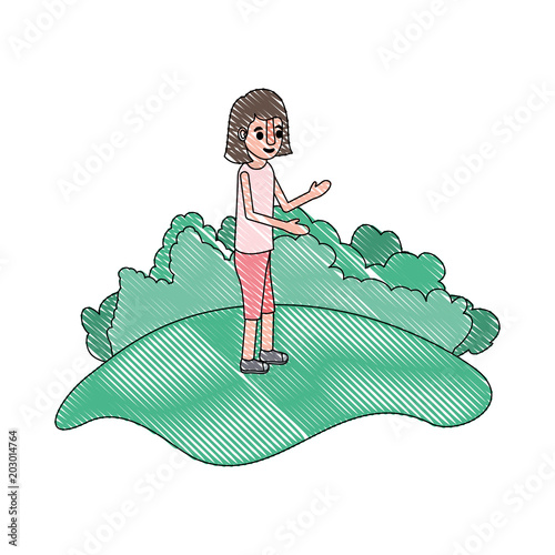 isometric little girl in field landscape character vector illustration design