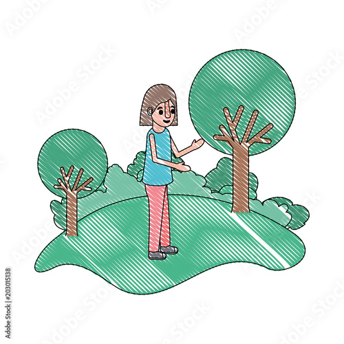 isometric little girl in field landscape character vector illustration design