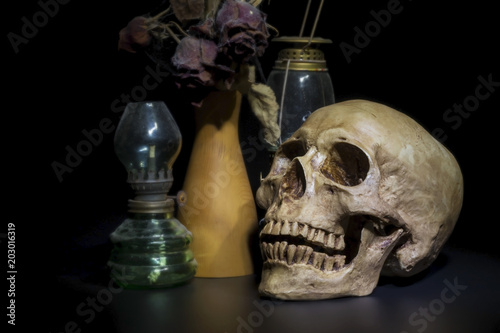 Still life photography with human skull on dark background