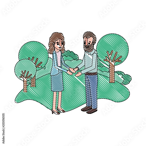 couple isometrics in field landscape avatars characters vector illustration