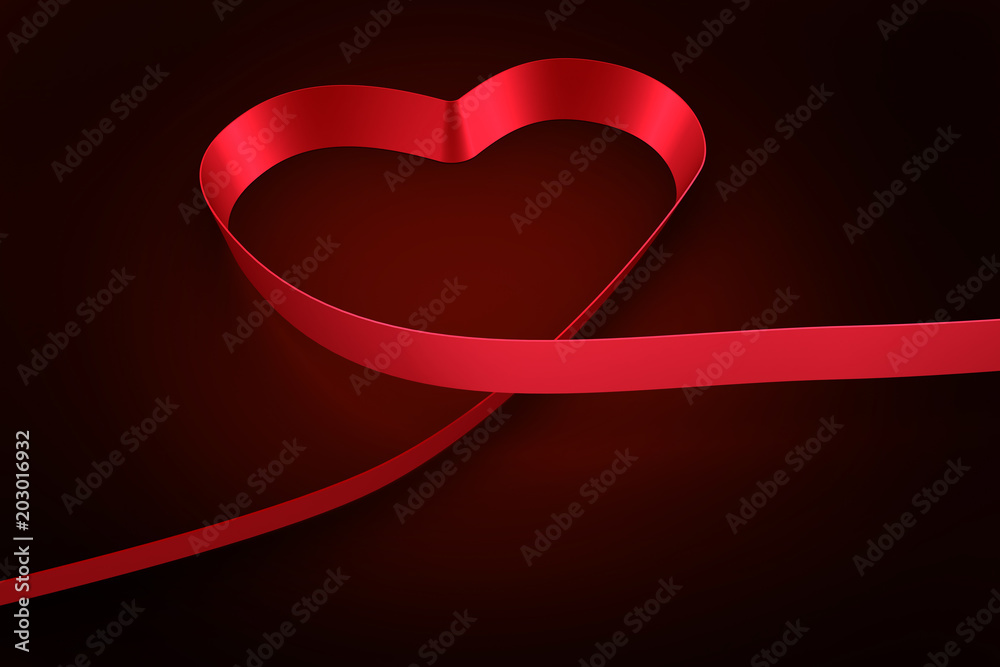 Red ribbon heart against red background with vignette
