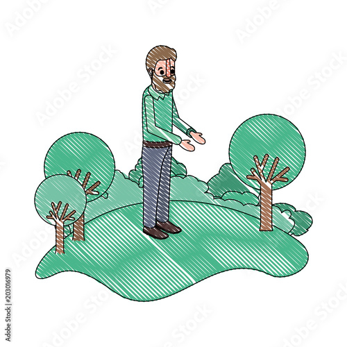 isometric man with beard in field landscape avatar character vector illustration