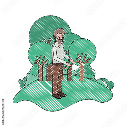 isometric man with beard in field landscape avatar character vector illustration