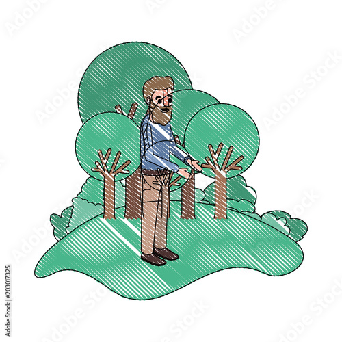 isometric man with beard in field landscape avatar character vector illustration