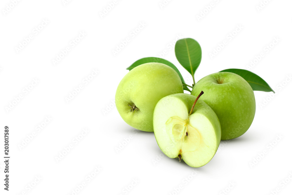 Whole green apple and half with leaf isolated on white background as package design element. this has clipping path. Whole green apple and half with leaf isolated on white background as package design element. this has clipping path.