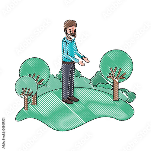 isometric man with beard in field landscape avatar character vector illustration