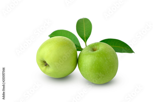 Whole green apple and half with leaf isolated on white background as package design element. this has clipping path.