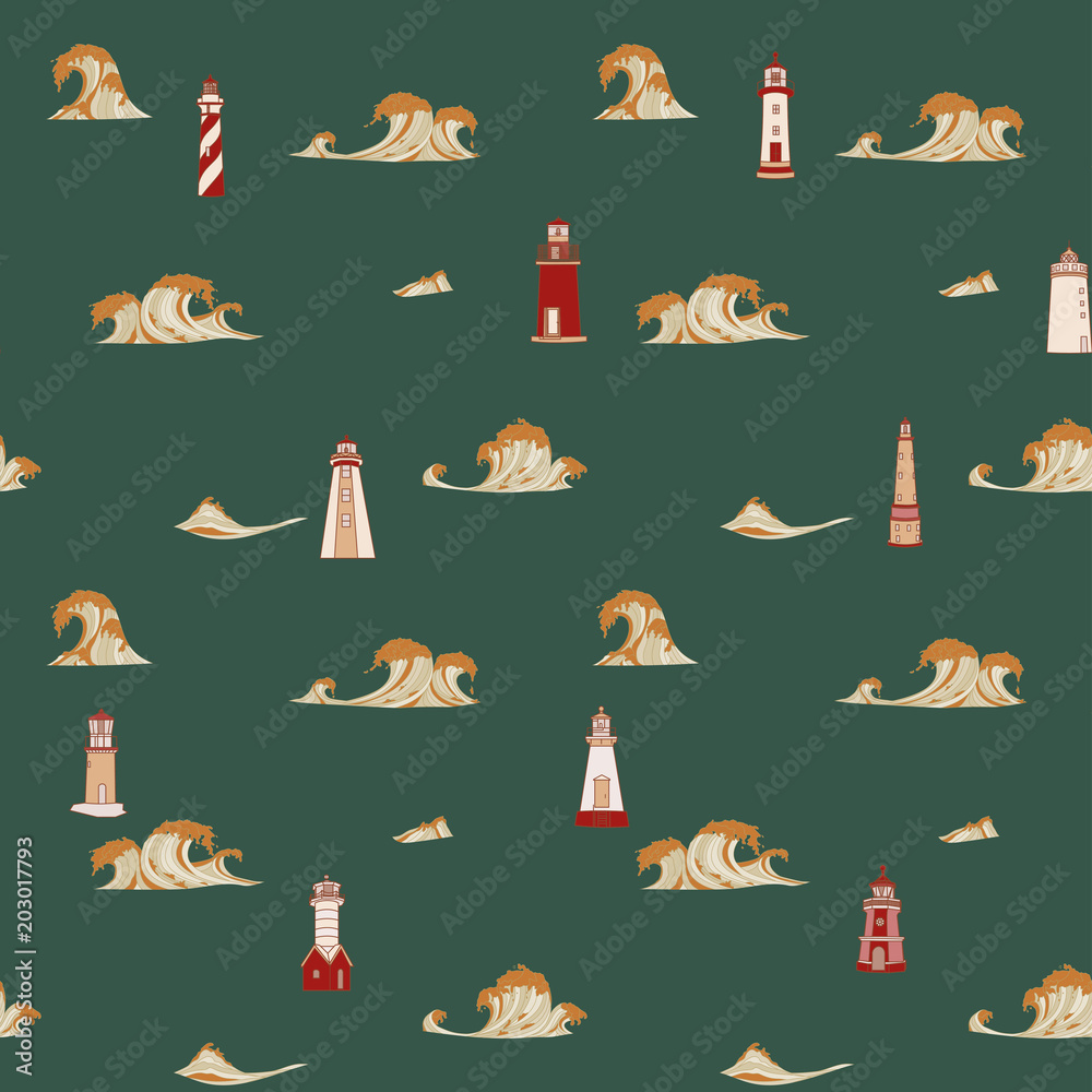 Traditional oriental seamless pattern with ocean waves, foam, spray. Japanese waves and lighthouses. Children s print, sea theme.