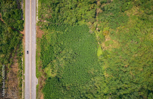 Asphalt road on the hill in Phetchabun province, Thailand. Aerial view from flying drone. photo