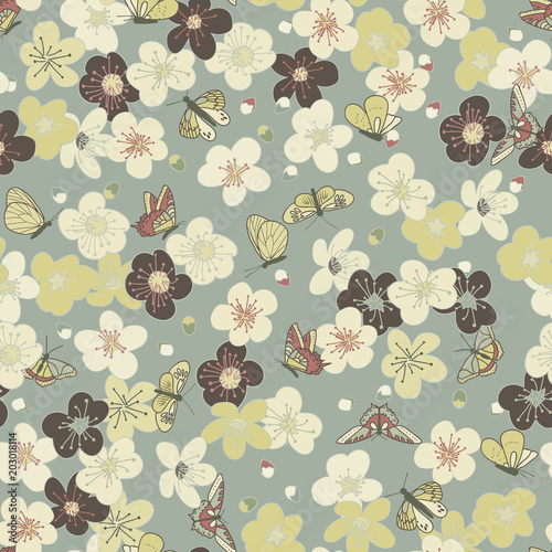blooming cherry and butterflies seamless pattern. Sakura bloom. Beautiful flowers of cherry and machaons seamless pattern. Asian print, for kimono, traditional.