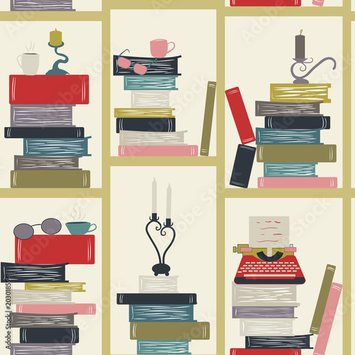Library Book Shelf Background. Books and Knowledge. Education Library Book Store Concept. Vector Flat illustration. seamless pattern, bookshelf writer. books, candles, glasses, typewriter.