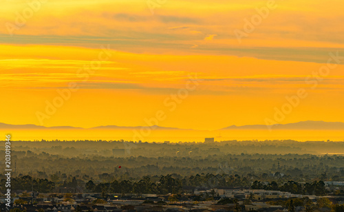 Suburban Orange County landscape at sunset in Southern California