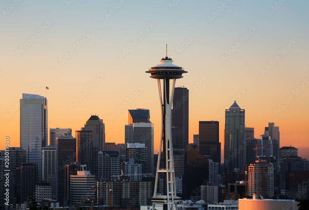 Seattle, Washington, / USA - 08/30/2013, Seattle downtown skyline at sunset including the iconic Space Needle