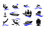 Sport. Water sports. Active holiday by the sea. The icons set. Vector illustration isolated on white background.