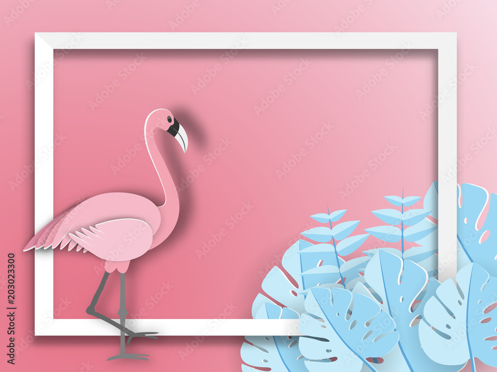 Obraz premium Tropikalny liść i baner lato Flamingo, papier graficzny tło
