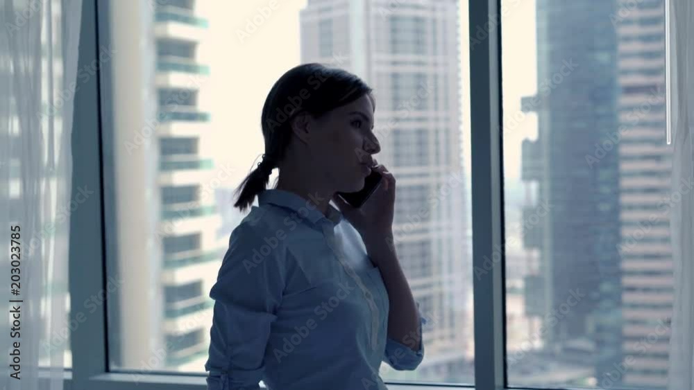 Young businesswoman talking on cellphone standing by window in the office, 4K
Young businesswoman talking on cellphone standing by window in the office, 4K