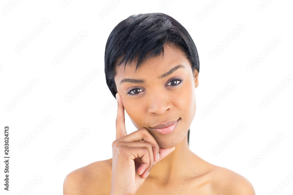 Wondering black haired woman posing looking at camera Wondering black haired woman posing looking at camera