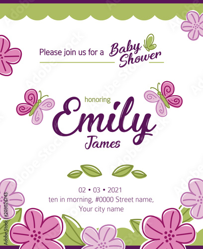 Baby shower invitation with flowers and butterflies