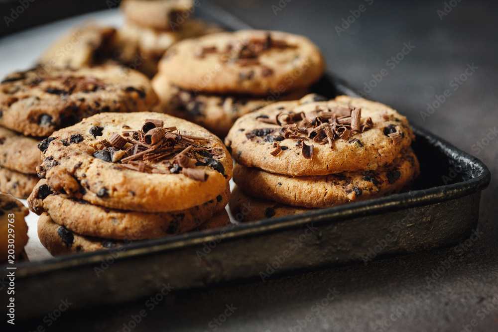 Close up homemade chocolate cookies baking tray