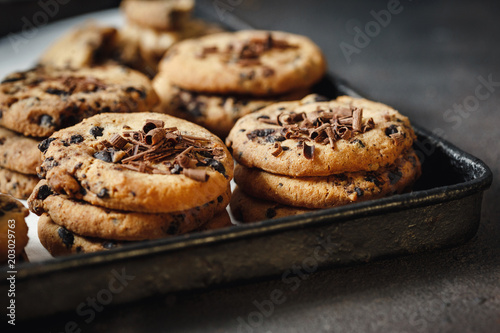 Close up homemade chocolate cookies baking tray