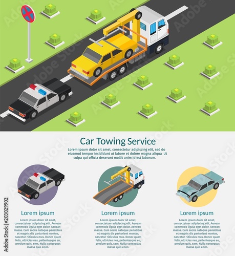 Isometric low poly Tow truck city road assistance service evacuator of Online car help design vector background illustration set infographic