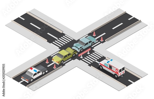 Isometric low poly accident crosswalk banner with bump car vector background illustration
