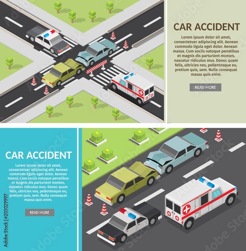 Isometric low poly accident crosswalk with bump car vector illustration 