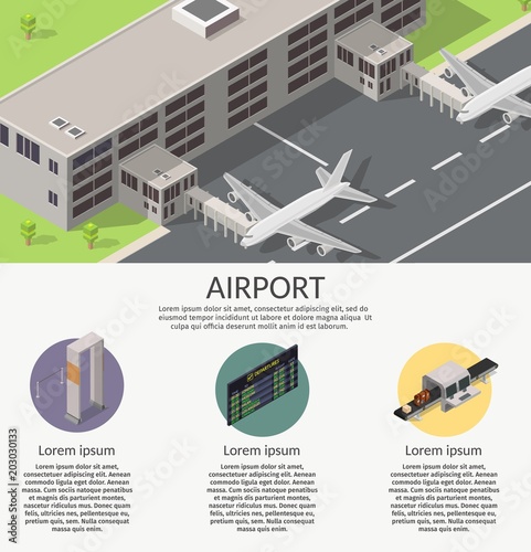 Isometric low poly airport terminal building background. International arrival departures vector illustration 