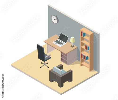 Home office low poly isometric interior vector illustration cabinet