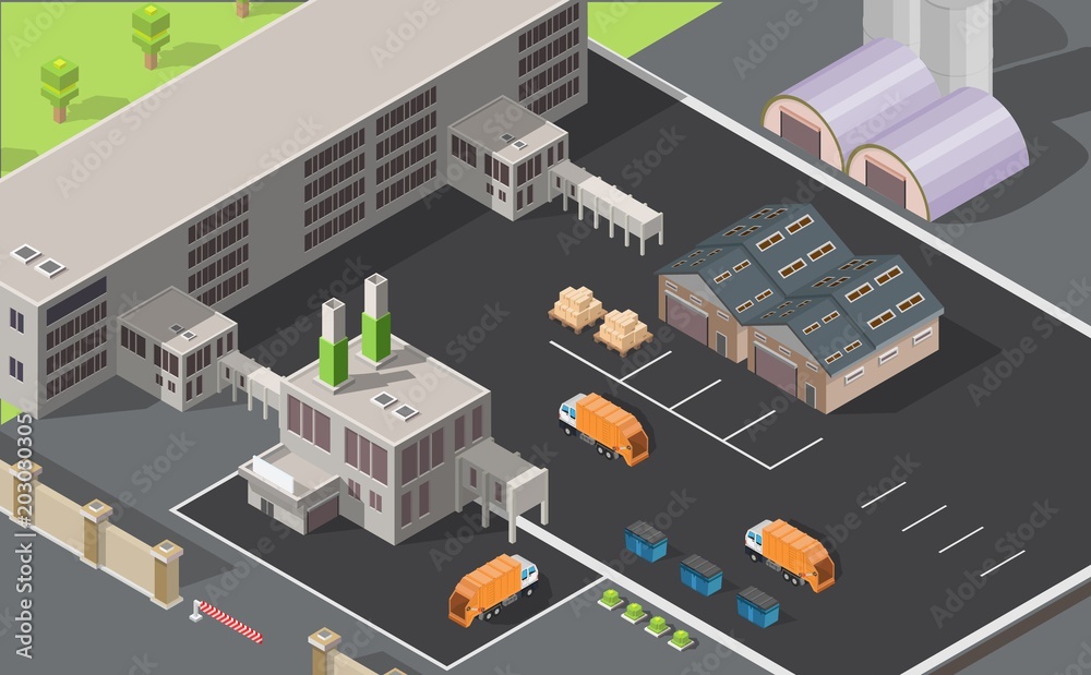 Isometric low poly waste processing plant infographic