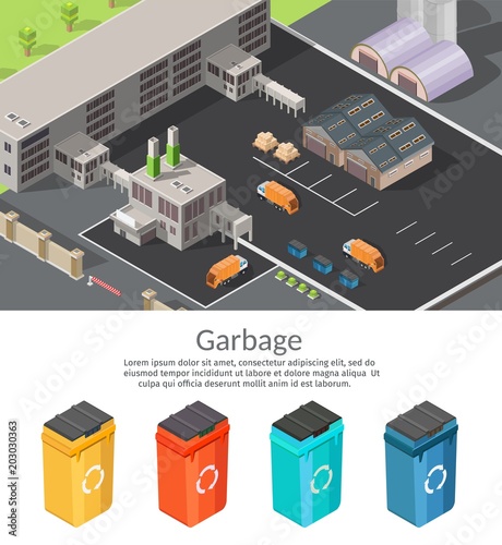 Isometric low poly waste processing plant infographic