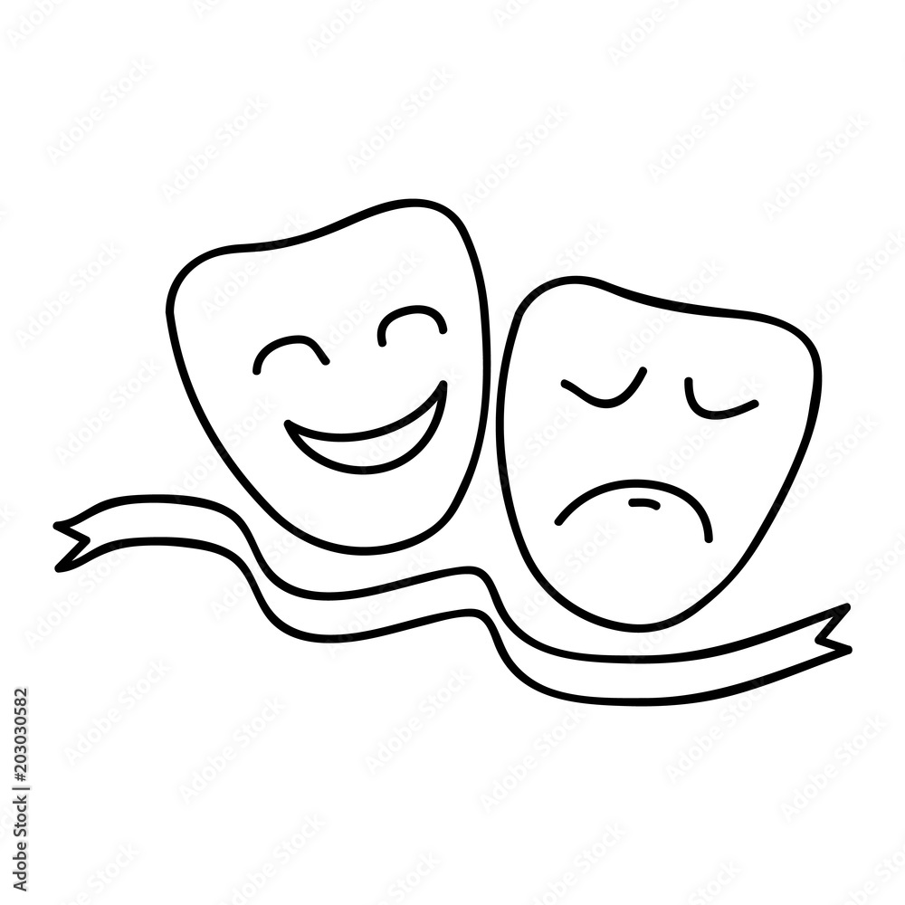 Theater masks of Comedy and Tragedy. Hand drawn icon, simple sketch. Isolated vector