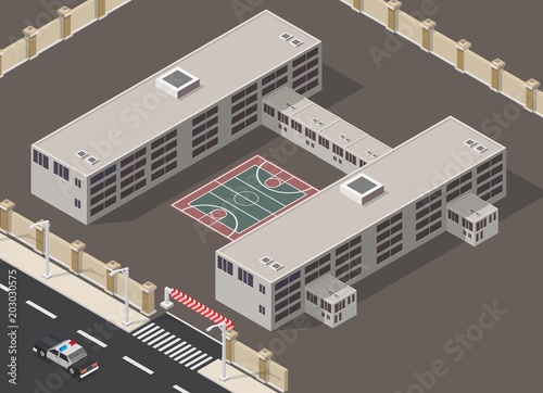 Low poly isometric prison building illustration background