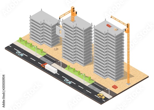 Isometric low poly of construction buildings elements background