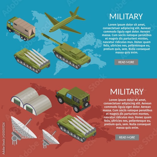 Military army low poly of base isometric banners