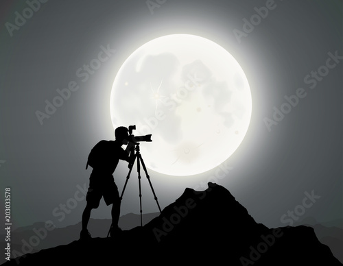 Silhouette of A Photographer, Mountain Top, Moonlight