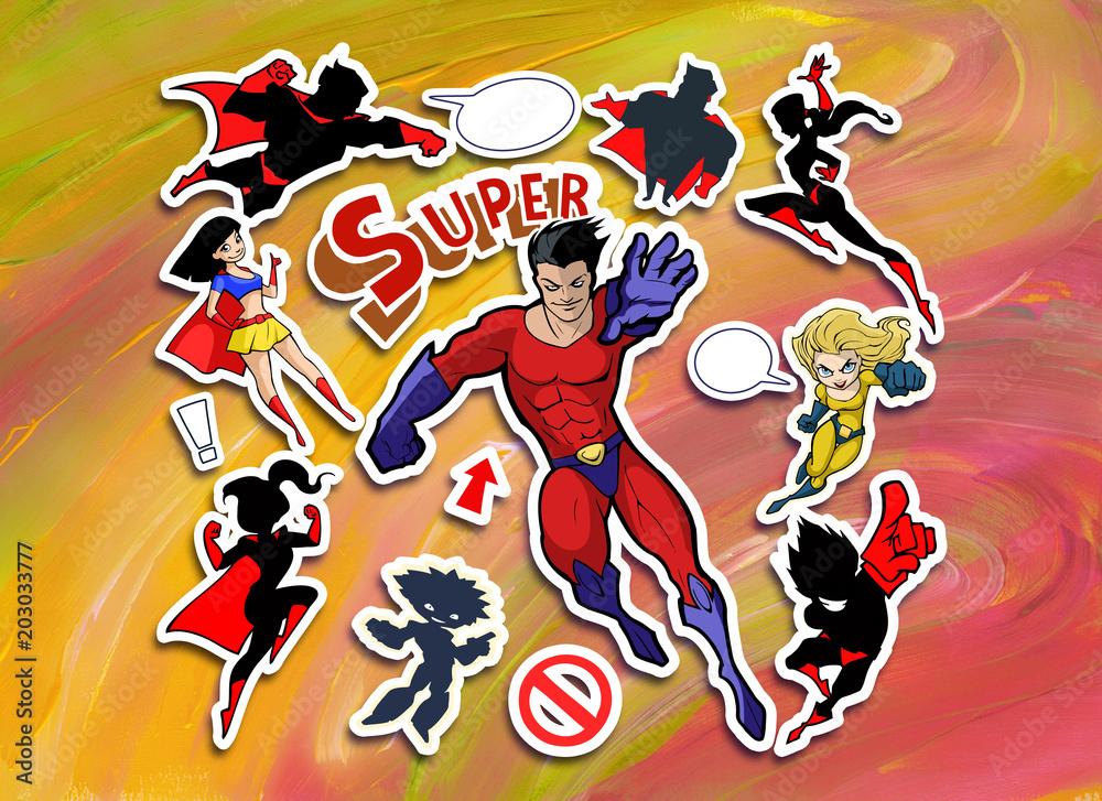 Bright and colorful cartoon set of funny and awesome superheroes stickers in cool costumes Bright and colorful cartoon set of funny and awesome superheroes stickers in cool costumes