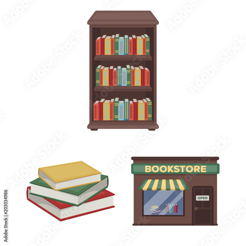 Library and bookstore cartoon icons in set collection for design. Books and furnishings vector symbol stock web illustration.
