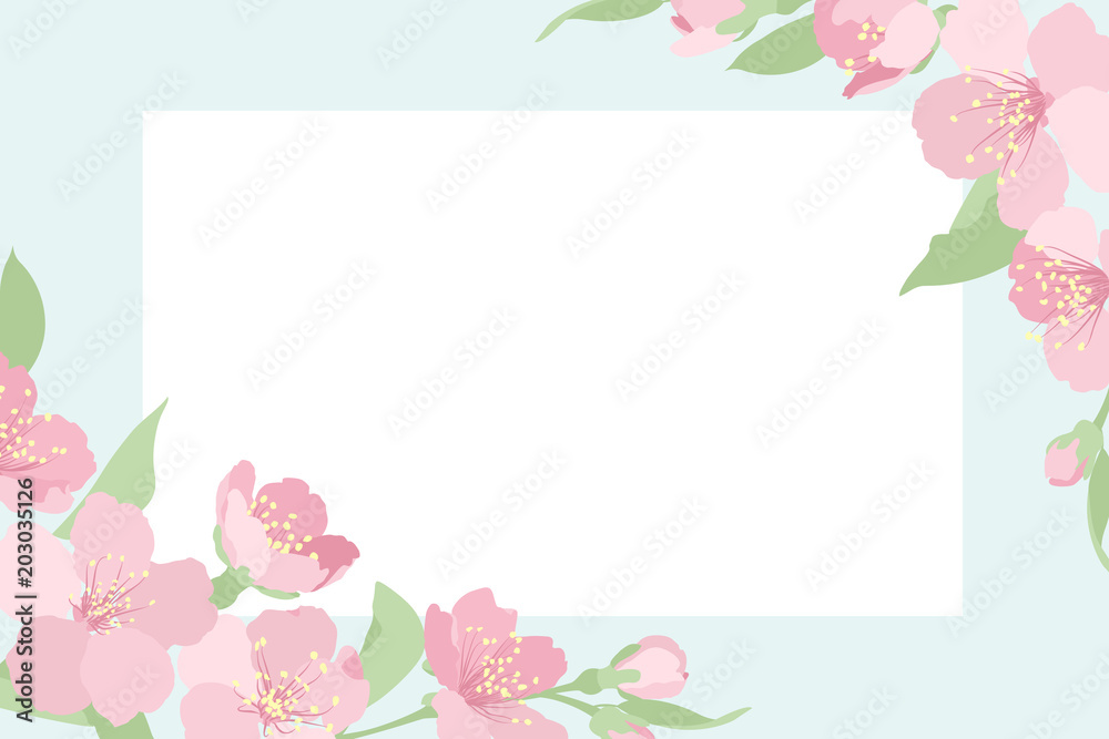 Cherry sakura tree blossom. Rectangular border frame card template. Corners decorated with pink blooming flowers. Light blue white background. Placeholder for text title. Vector design illustration.