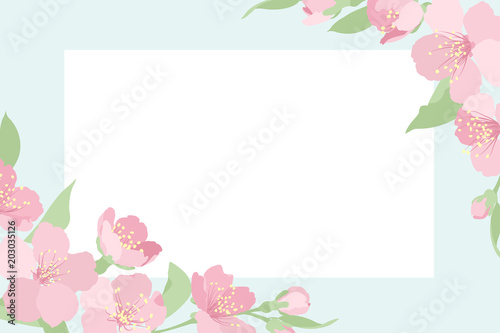 Cherry sakura tree blossom. Rectangular border frame card template. Corners decorated with pink blooming flowers. Light blue white background. Placeholder for text title. Vector design illustration.