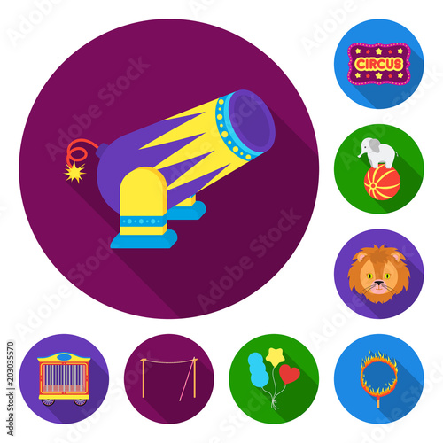 Circus and attributes flat icons in set collection for design. Circus Art vector symbol stock web illustration.