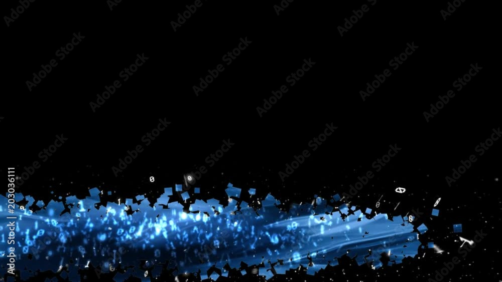 Transparent waves ripple over blue confetti and floating binary code in the lower third of the frame
